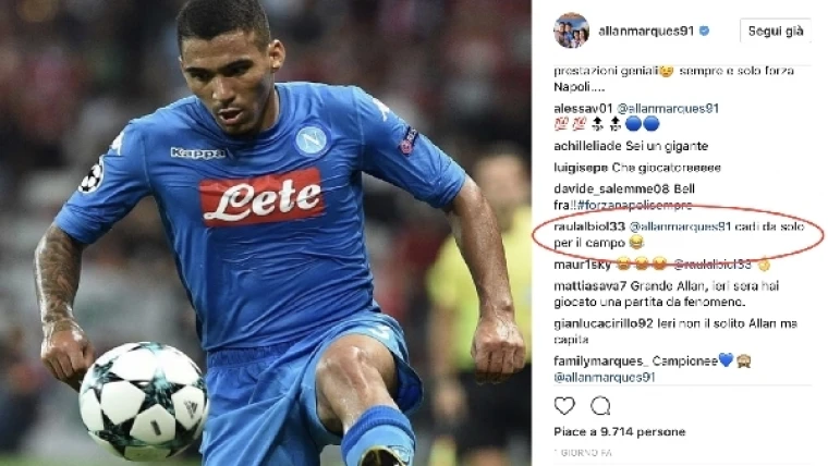 Albiol, prende in giro Allan su Instagram: "Cadi da solo per il campo!"